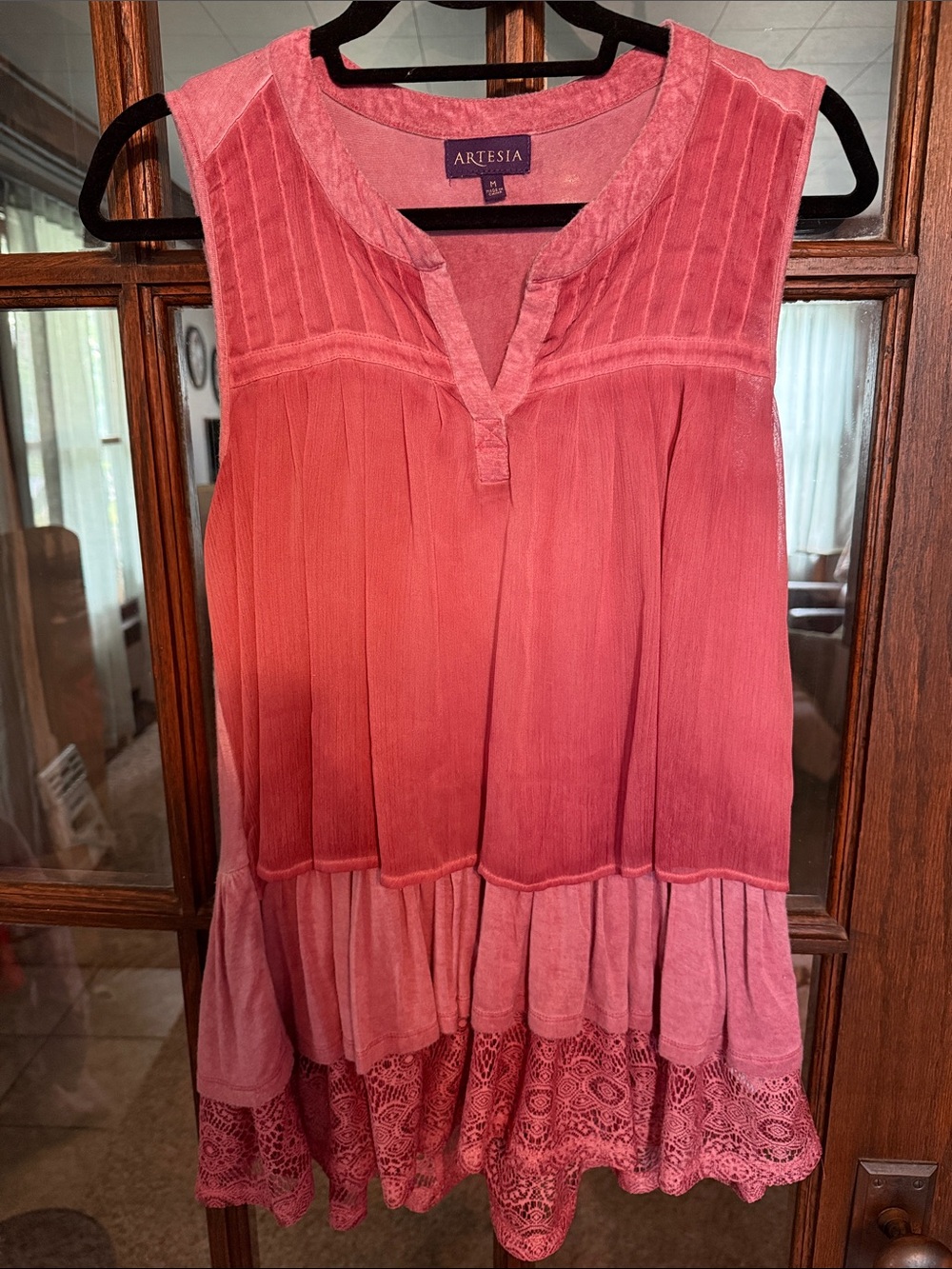 Artesia‎ Womens Tiered Boho Lace Hem Tunic Top Sleeveless Mauve Pink Medium